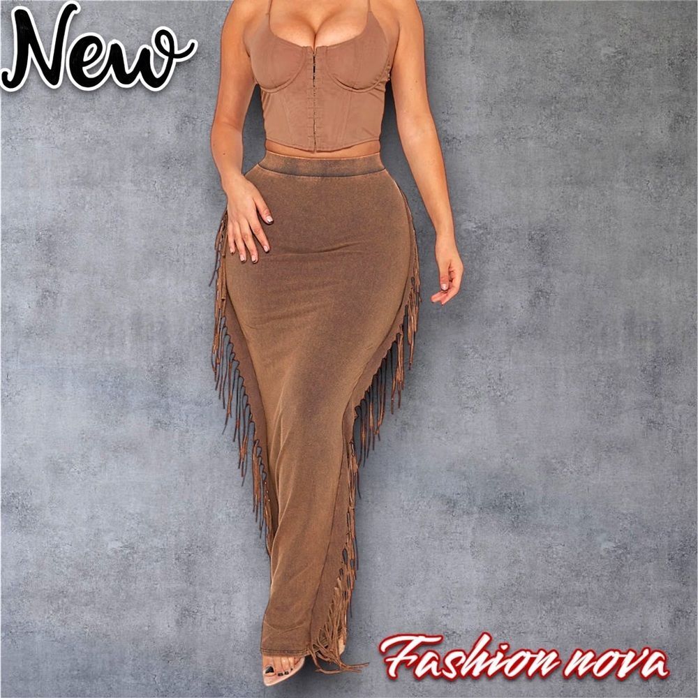 New NWT Fashion nova Sahara Mineral Wash Maxi Skirt - Brown - Small - Picture 1 of 9